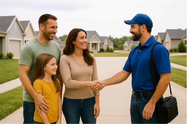 Purcell Heating and Air Ltd technician greeting Calgary homeowners, ready for AC installation, maintenance, or repair service