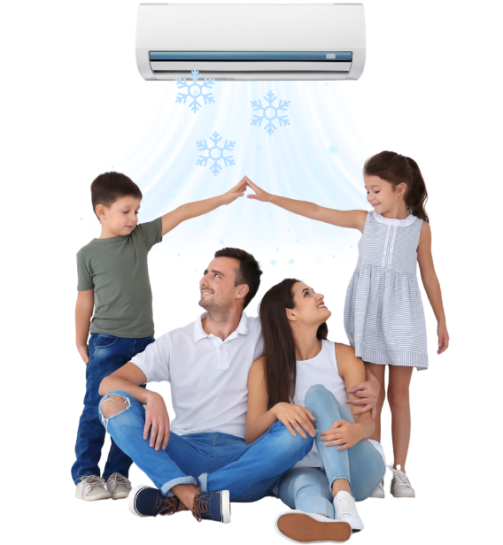 A happy family of four sitting comfortably in the cool air provided by a modern, wall-mounted ductless air conditioner from Purcell Heating & Cooling