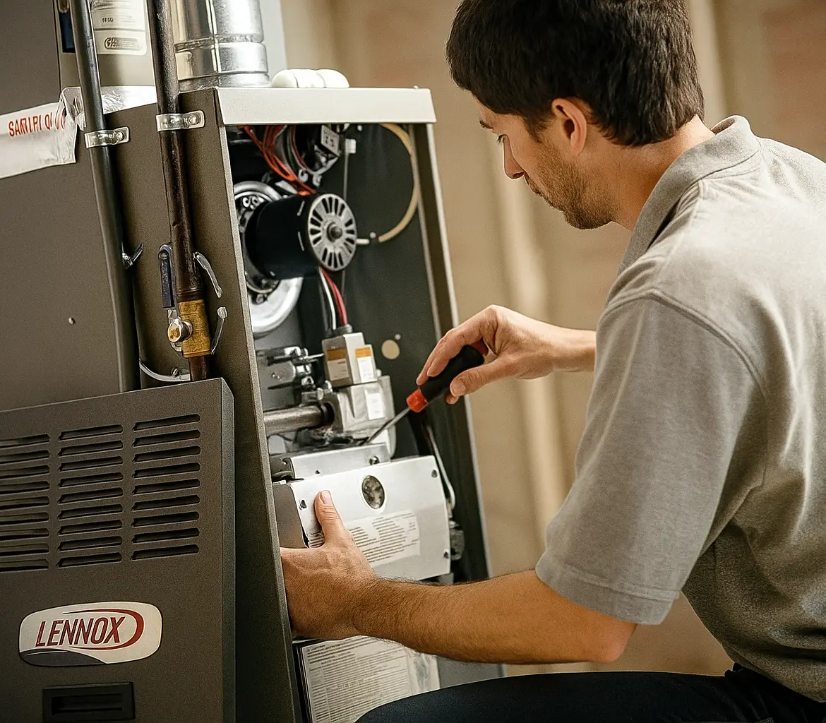 technician servicing a Lennox furnace