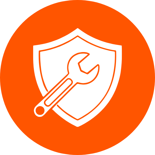 Orange circular icon of a wrench and shield representing protected/warrantied service