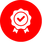 Red circular icon of a ribbon badge with checkmark representing certified service