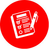 Red circular icon of a clipboard checklist with pen representing service inspection
