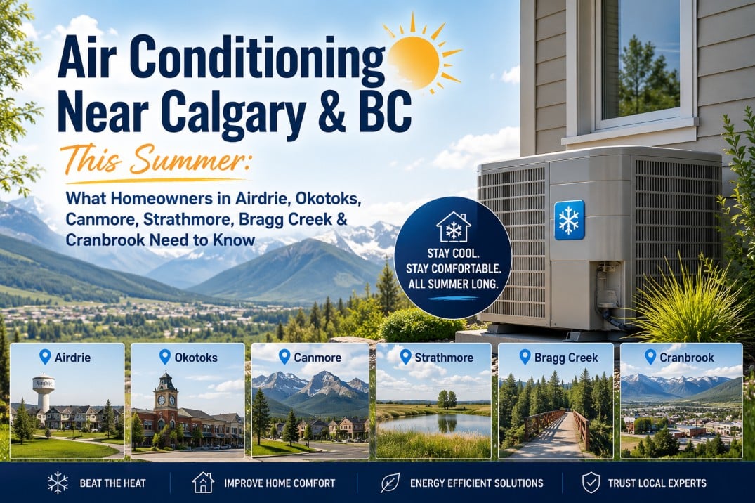 Air conditioning system outside a modern home with Rocky Mountain backdrop, highlighting summer AC services for homeowners in Calgary, Airdrie, Okotoks, Canmore, Strathmore, Bragg Creek, and Cranbrook.