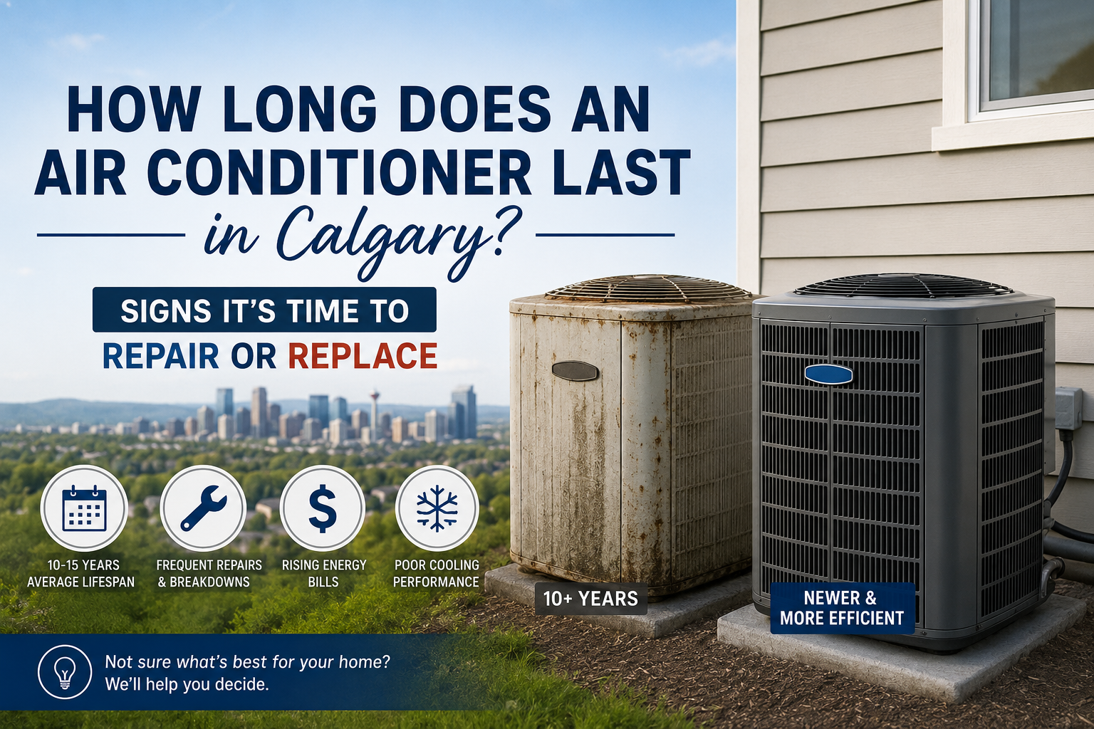 Modern and aging outdoor air conditioning units beside a Calgary home, illustrating the lifespan of residential AC systems and the decision to repair or replace an older air conditioner.