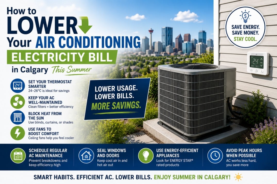 Air conditioning energy-saving tips to lower electricity bills in Calgary this summer.