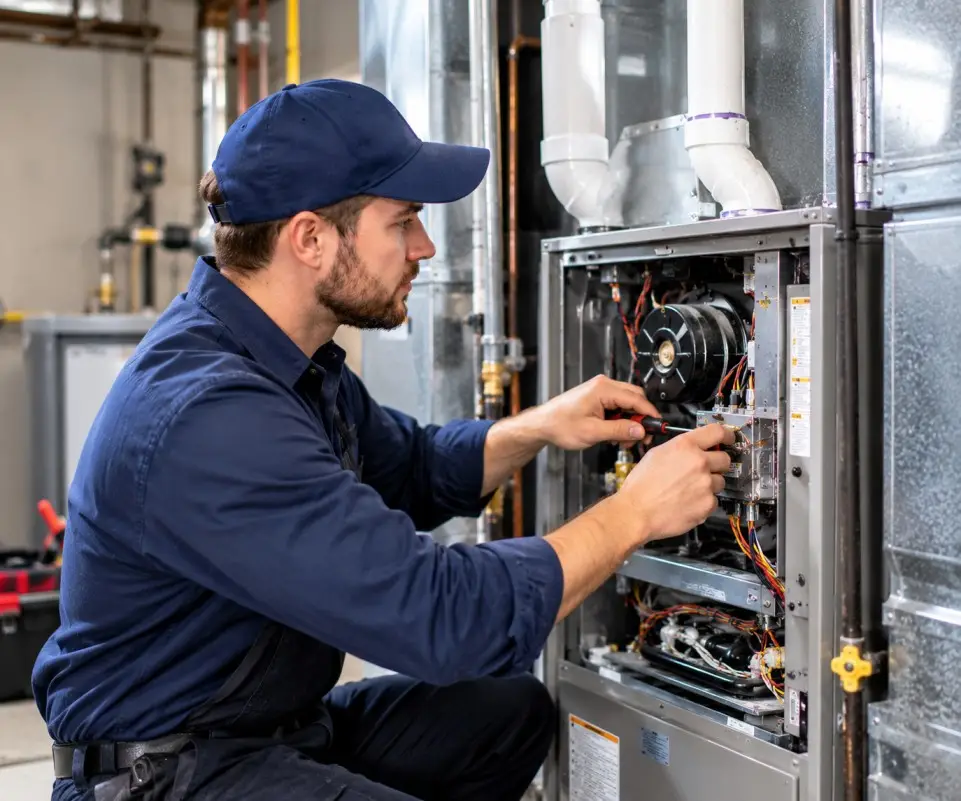 Four furnace troubleshooting checks for Calgary homeowners: thermostat settings, furnace switch, electrical breaker, and snow-covered vent pipes, with gas leak and carbon monoxide safety warnings
