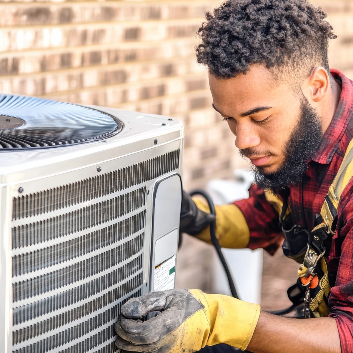 Young technician expertly installs air conditioning unit with precision in vibrant, hyperrealistic depiction of modern craftsmanship and skill Technician focuses intently on repairing the air conditioner, showcasing his expertise against the rustic backdrop of a brick exterior.