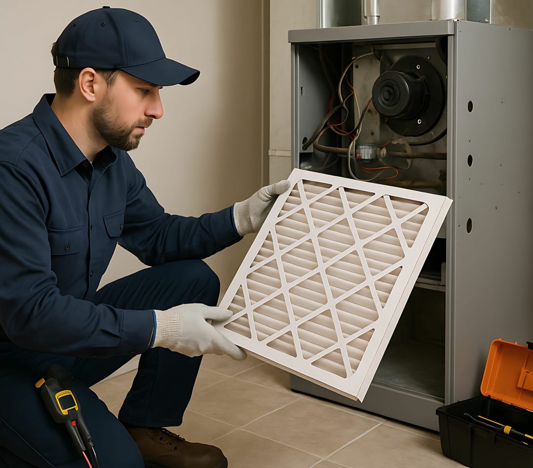 A technician replaces an air filter in a furnace during routine HVAC maintenance at home. A technician replaces an air filter in a furnace during routine HVAC maintenance at home.