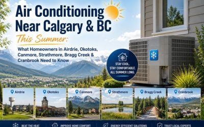 Air conditioning system outside a modern home with Rocky Mountain backdrop, highlighting summer AC services for homeowners in Calgary, Airdrie, Okotoks, Canmore, Strathmore, Bragg Creek, and Cranbrook.
