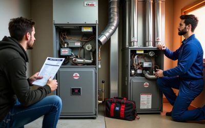 Purcell Heating and Air Ltd technician performing professional furnace repair Calgary while a homeowner reviews the service details beside two residential furnaces.