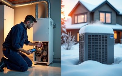 Technician inspecting furnace and snowy AC Calgary hidden HVAC issues Purcell Heating and Air Ltd
