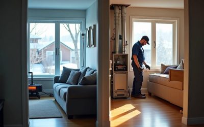 Purcell Heating and Air Ltd HVAC technician performing professional winter heating system inspection inside residential Calgary home with furnace and thermostat assessment